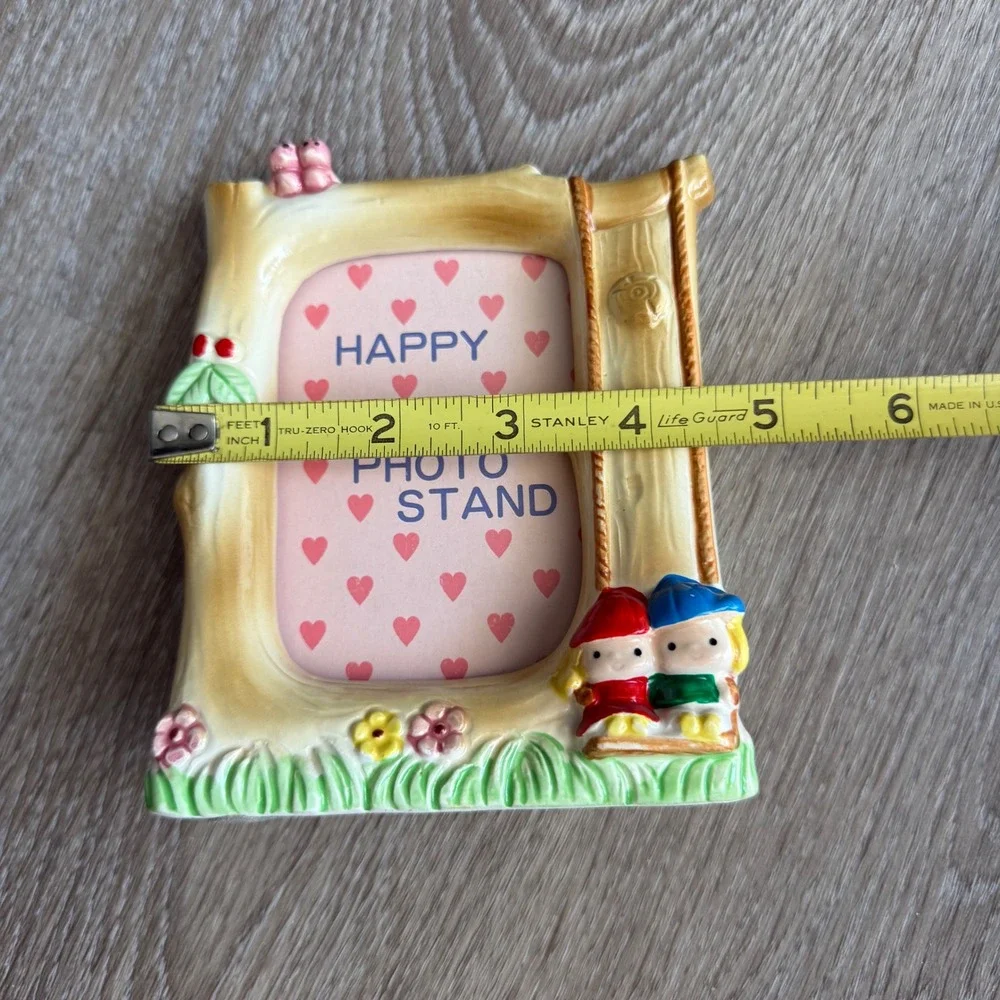 Vintage Ceramic Woodland Tree Trunk Photo Frame Children on Swing Pink Birds